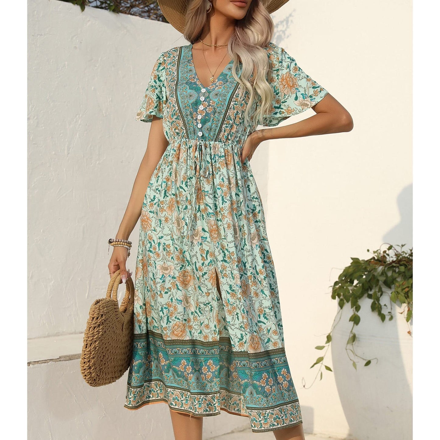 Clistos boho casual printing waist tie-up midi dress - View 6 | Clistos