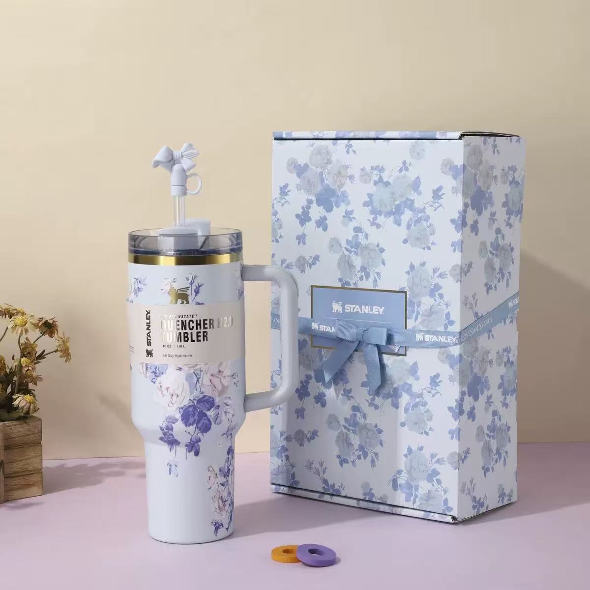 Stanley Blue Violet Blossom 40oz Insulated Tumbler with floral design and matching ribbon gift box - View 4 | Clistos