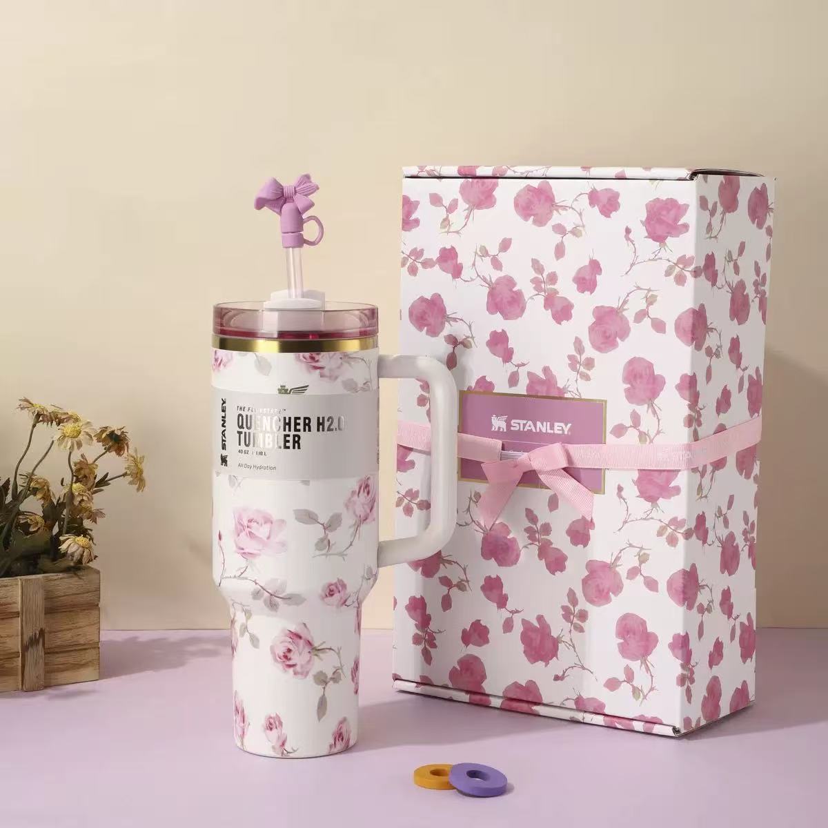 Stanley 40oz Pink Rose Garden Tumbler with bow straw topper and matching floral gift box - View 3 | Clistos