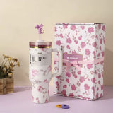 Stanley 40oz Pink Rose Garden Tumbler with bow straw topper and matching floral gift box - View 3 | Clistos