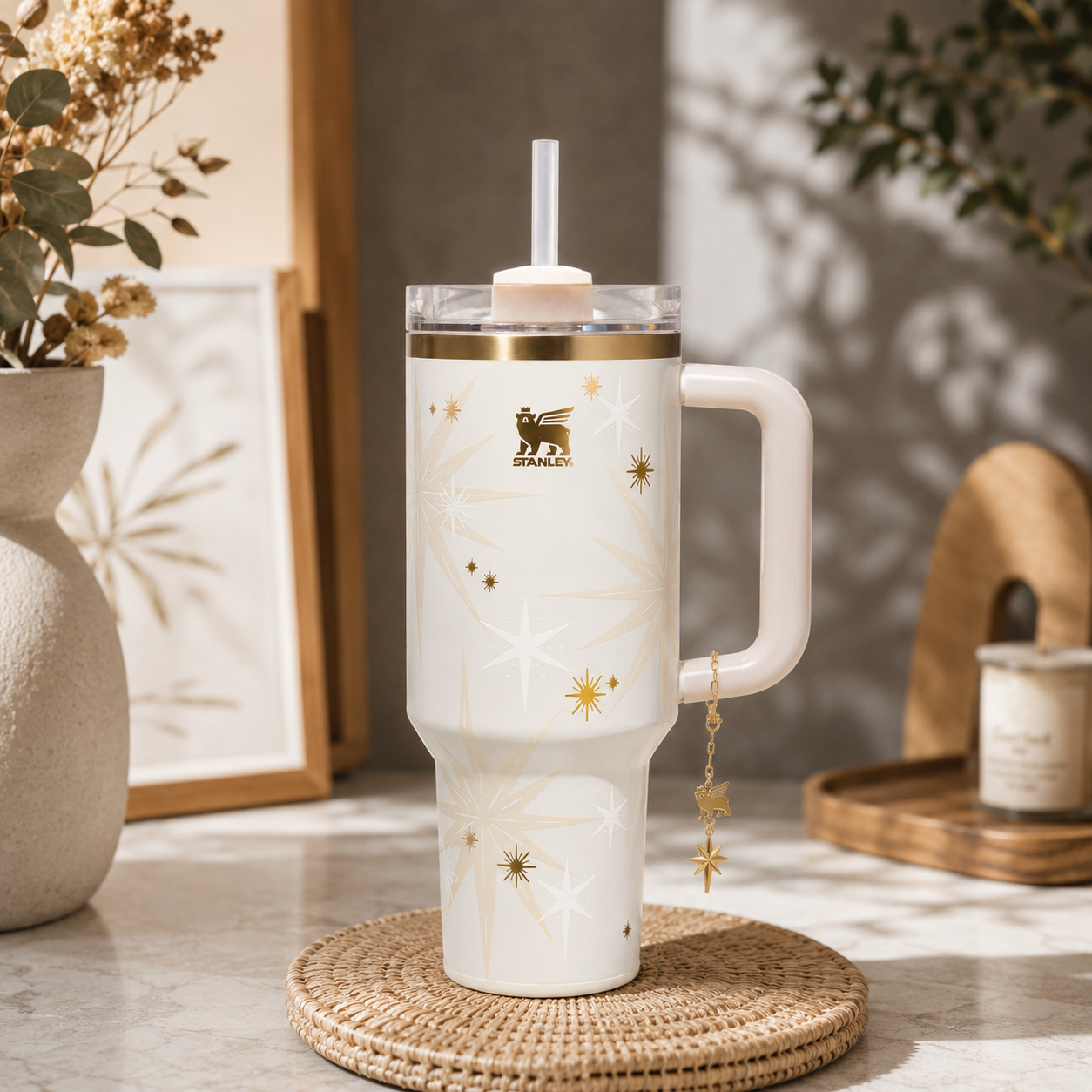 Stanley Celestial Star 40oz insulated tumbler in soft cream with gold starburst pattern and hanging star charm - View 2 | Clistos