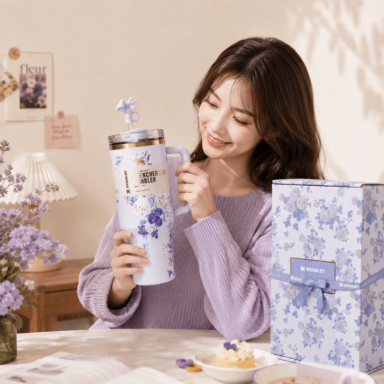 Stanley Blue Violet Blossom 40oz Insulated Tumbler with floral design and matching ribbon gift box - View 3 | Clistos