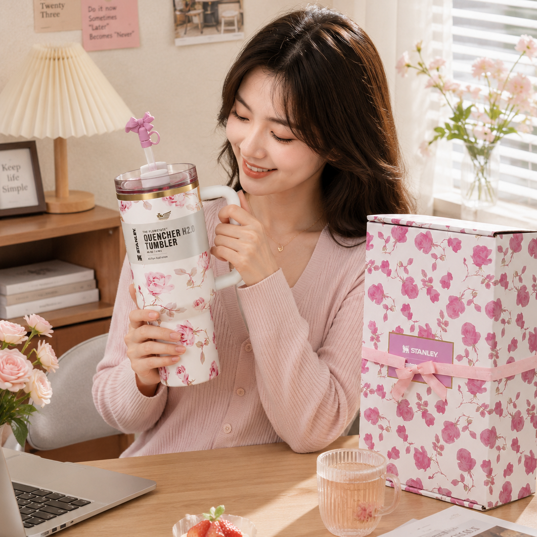 Stanley 40oz Pink Rose Garden Tumbler with bow straw topper and matching floral gift box - View 4 | Clistos