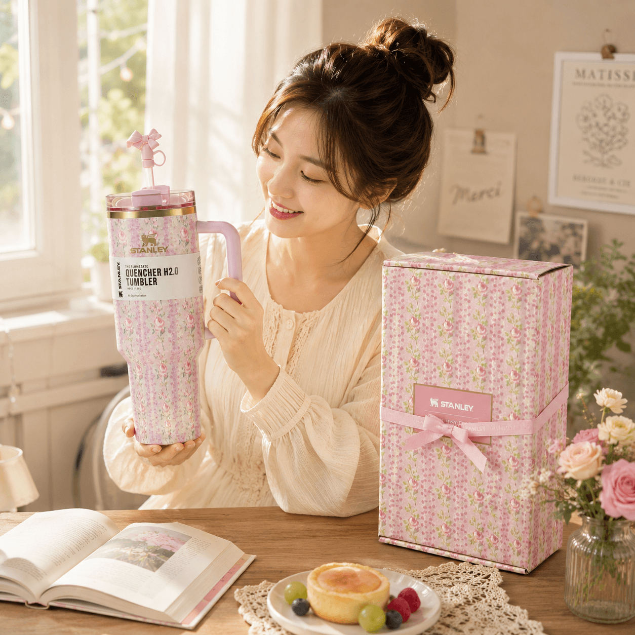 Stanley Blush Lilac Floral 40oz insulated tumbler with matching pastel gift box and bow straw topper - View 4 | Clistos