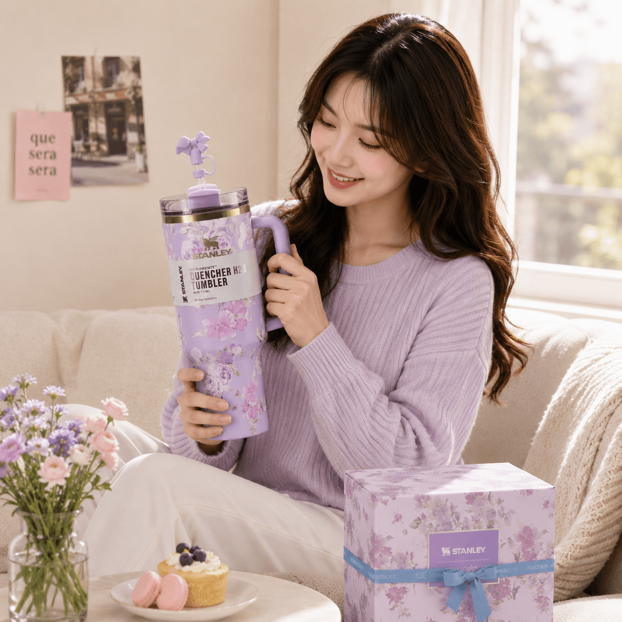 Stanley Lavender Bloom 40oz insulated tumbler with floral pattern and matching gift box - View 2 | Clistos