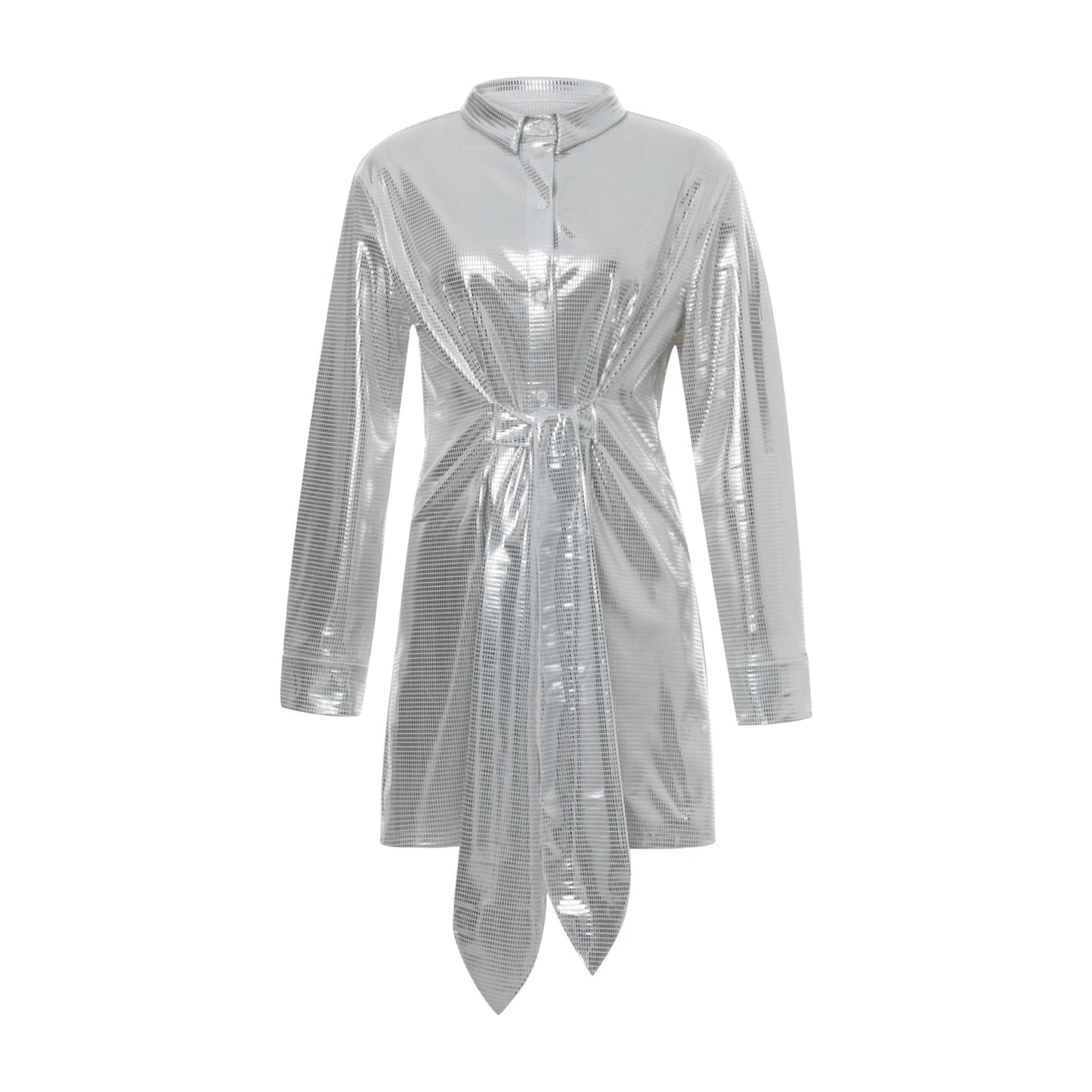 Front view of a silver sequined long-sleeved shirt dress with a collared neckline and a prominent tie-waist detail.