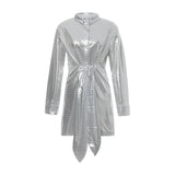 Front view of a silver sequined long-sleeved shirt dress with a collared neckline and a prominent tie-waist detail.