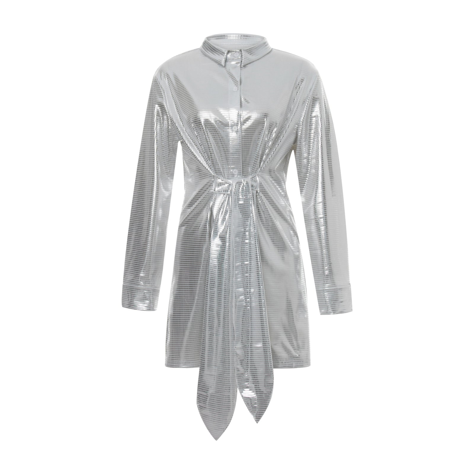 Front view of a silver sequined long-sleeved shirt dress with a collared neckline and a prominent tie-waist detail.