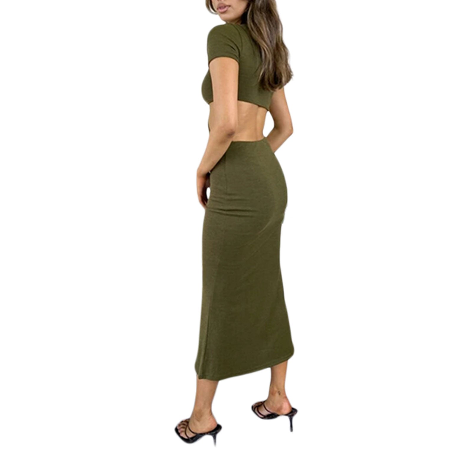Back view of a woman wearing an olive green cut-out midi dress with short sleeves and black heels.