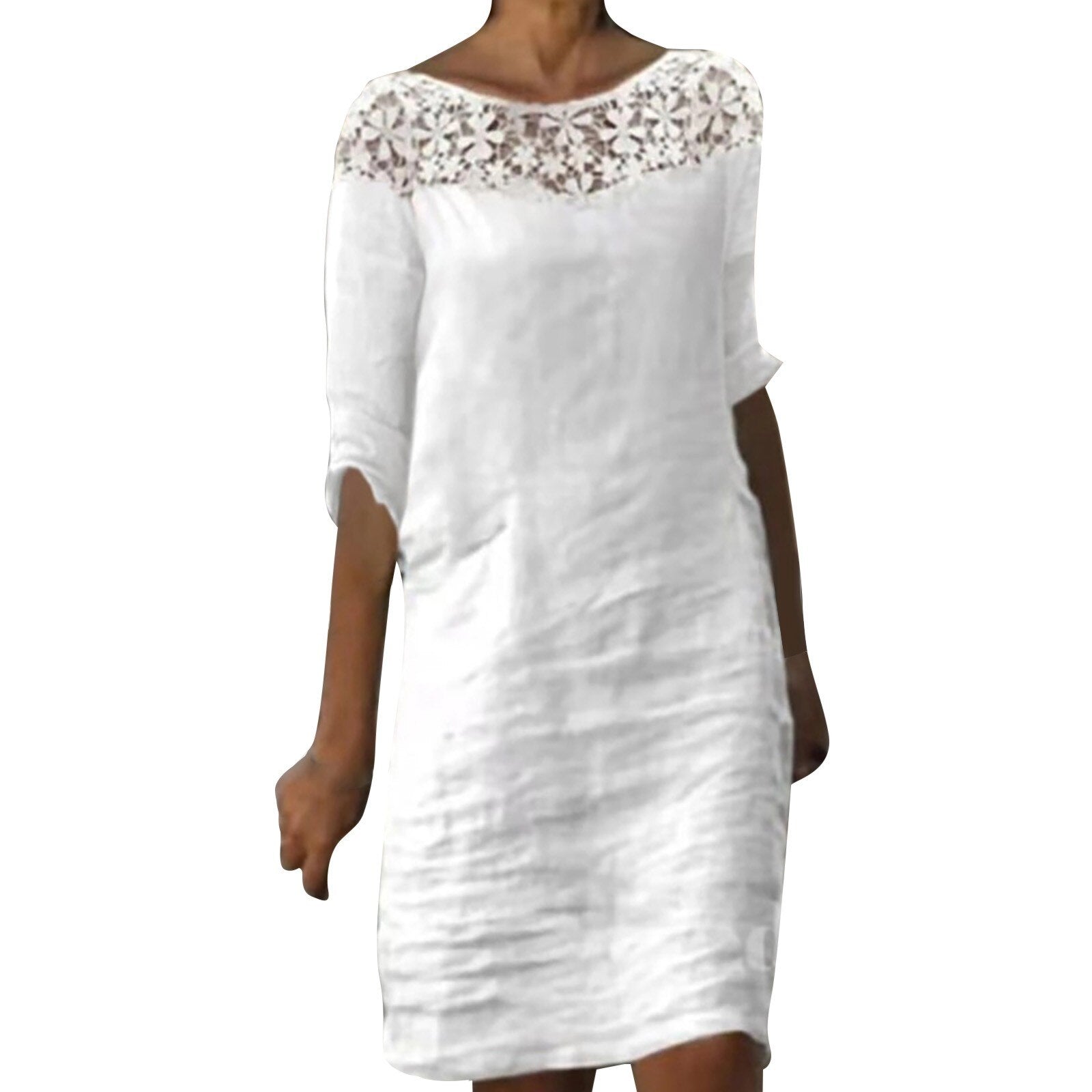 A white dress with a lace neckline and three-quarter sleeves.
