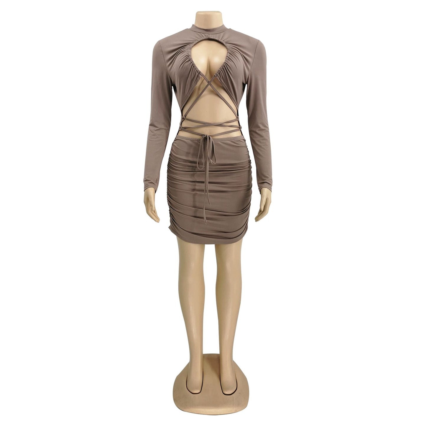 Mannequin wearing a brown long-sleeved, cut-out, lace-up, ruched mini dress.