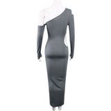 Gray one-shoulder maxi dress with cut-outs on a mannequin, back view