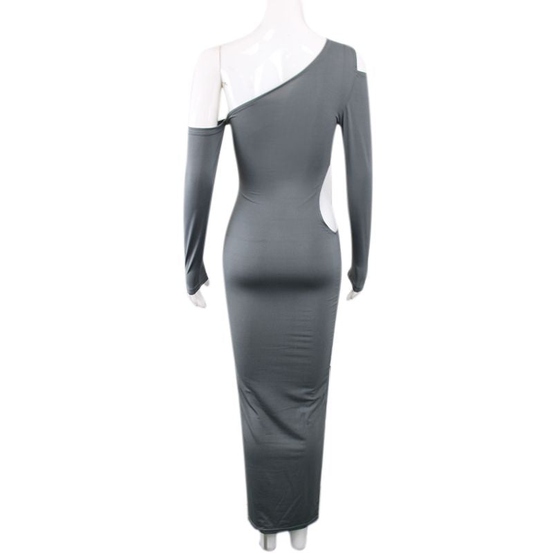 Gray one-shoulder maxi dress with cut-outs on a mannequin, back view