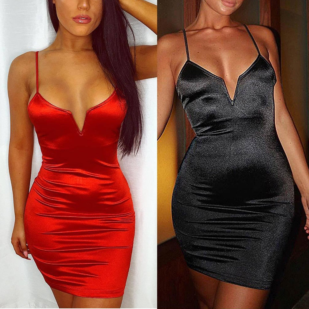 Split image showing a woman in a red satin dress and a woman in a black satin dress