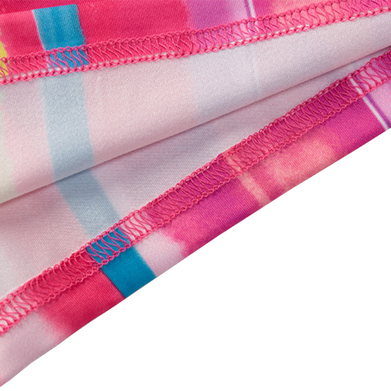 Close-up of the hem of a pink, yellow, and blue striped dress, showing the stitching.