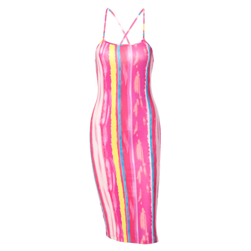 A pink, yellow, and blue striped bodycon midi dress with spaghetti straps, shown flat.
