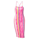 A pink, yellow, and blue striped bodycon midi dress with spaghetti straps, shown flat.