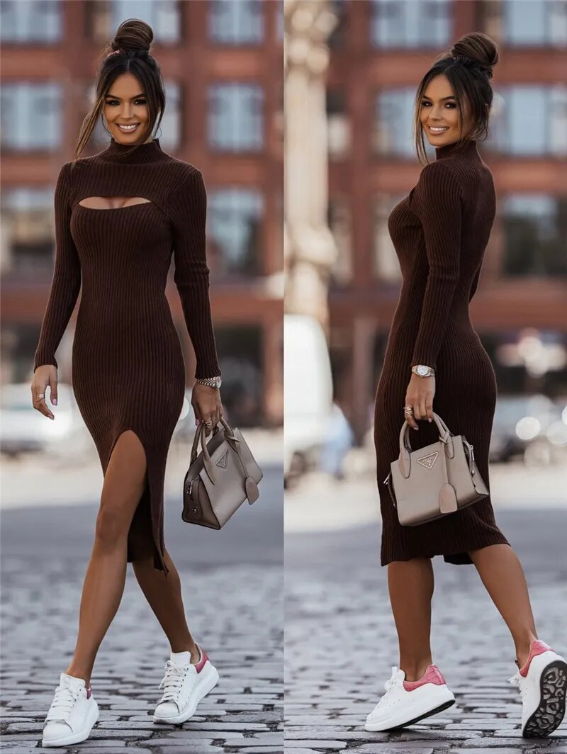 Clistos Ribbed Mock Neck Bodycon Dress - View 6 | Clistos