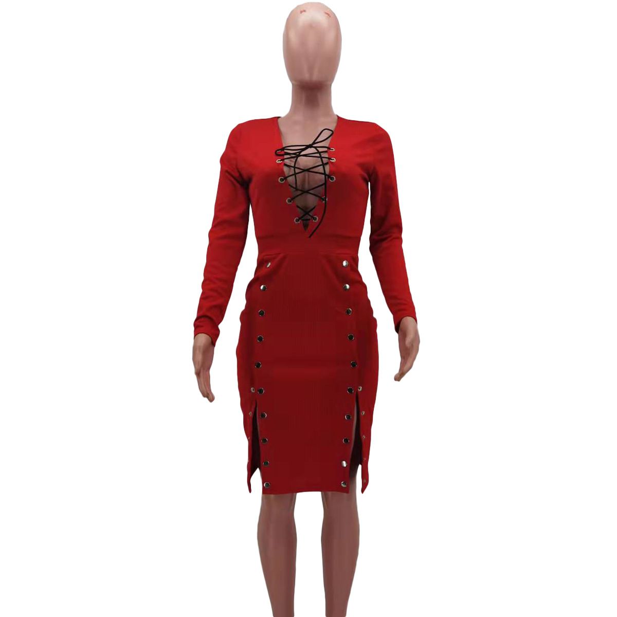 mannequin in red lace-up dress