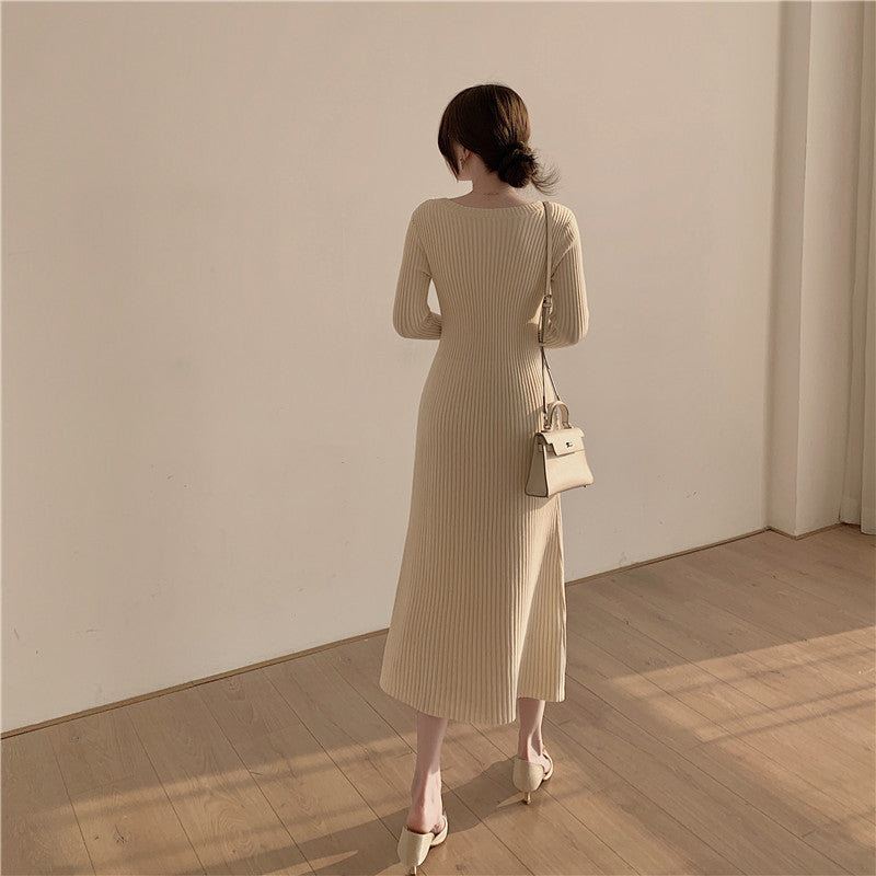 Knit Square Neck Long Sleeve Midi Dress - View 6 | Clistos