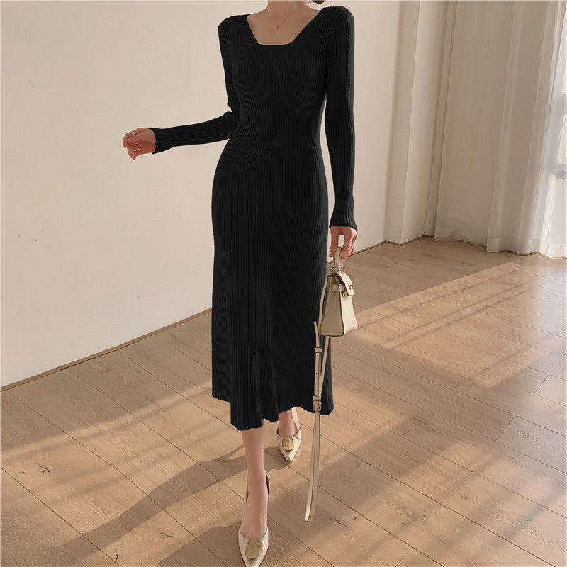 Knit Square Neck Long Sleeve Midi Dress - View 8 | Clistos