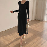 Knit Square Neck Long Sleeve Midi Dress - View 8 | Clistos