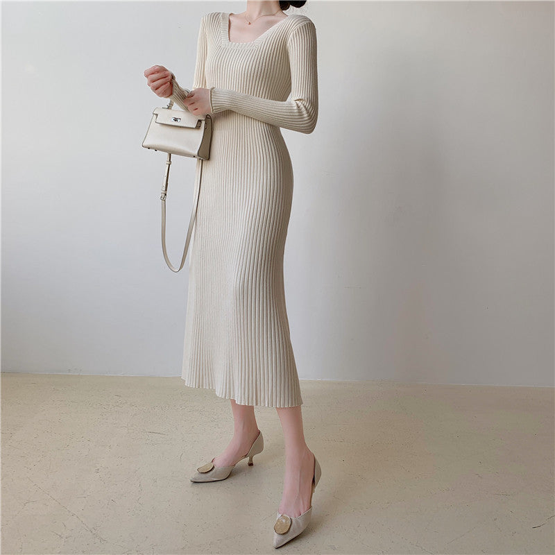 Knit Square Neck Long Sleeve Midi Dress - View 7 | Clistos