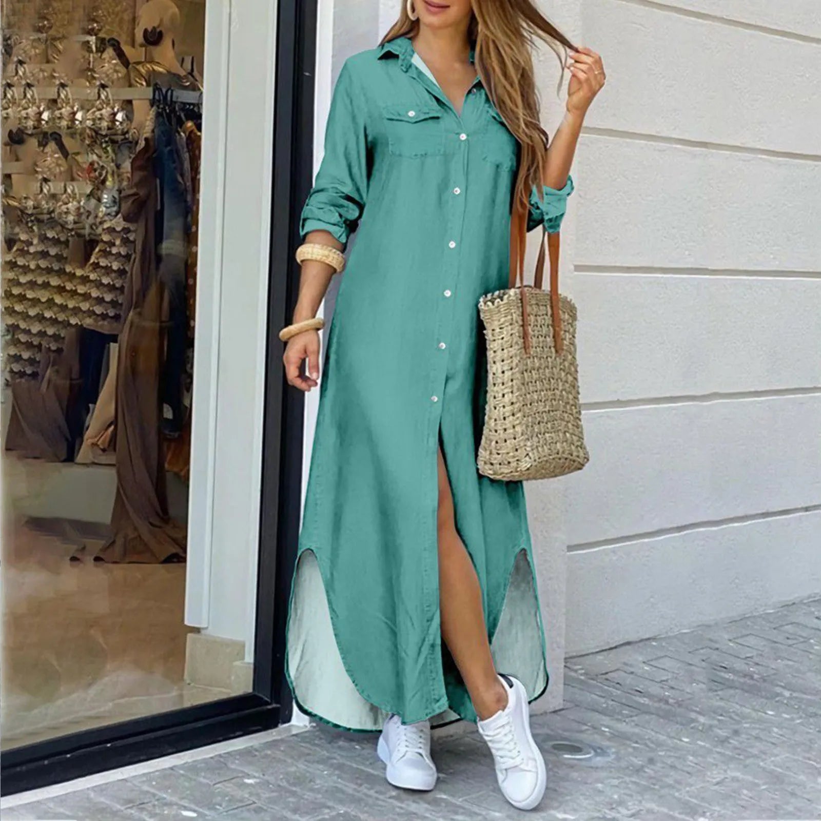 Clistos Collared Long Sleeve Maxi Shirt Dress with Slit - View 10 | Clistos