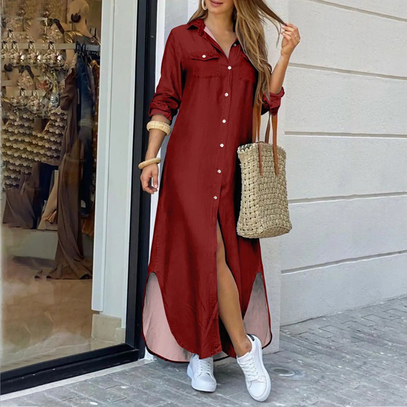 Clistos Collared Long Sleeve Maxi Shirt Dress with Slit - View 11 | Clistos