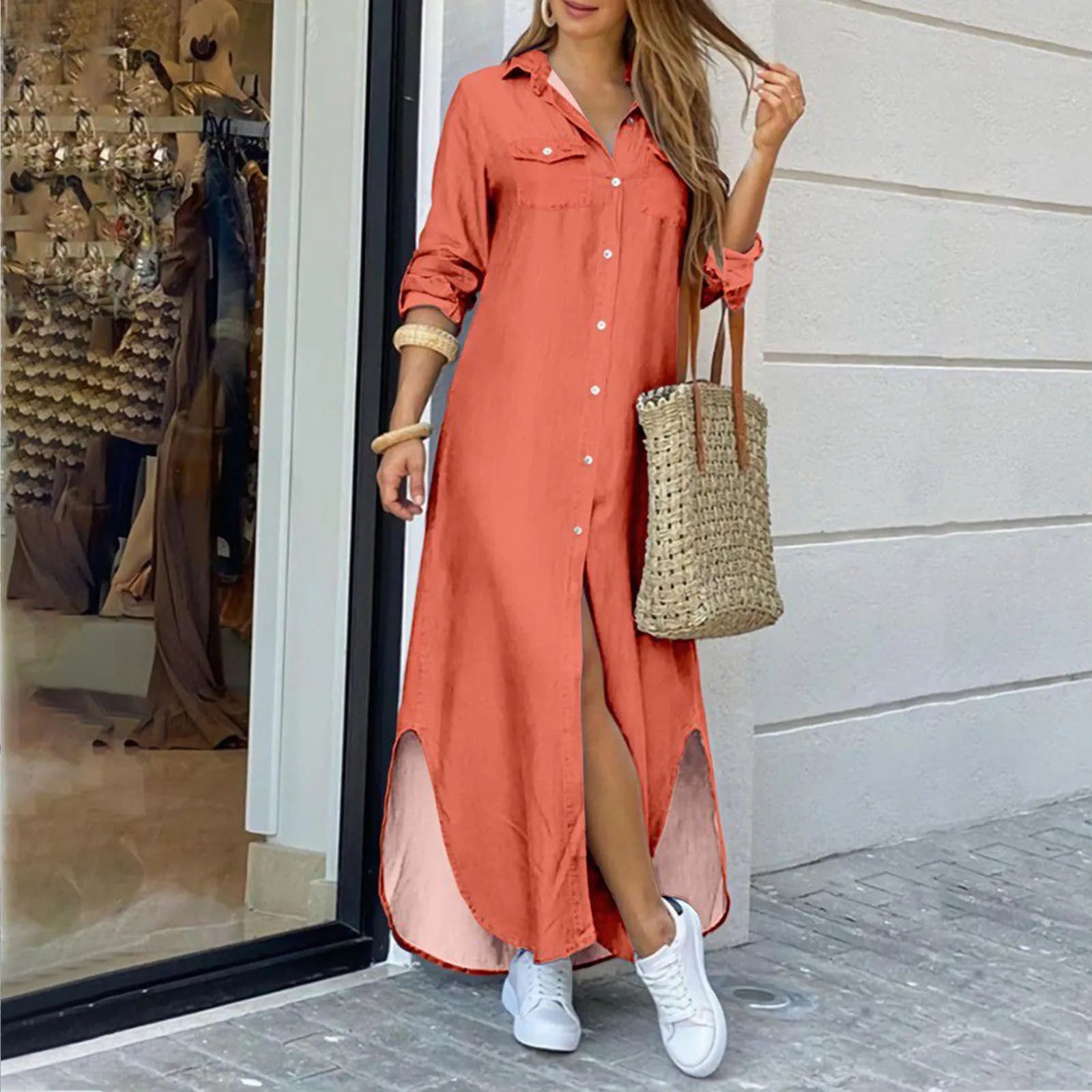 Clistos Collared Long Sleeve Maxi Shirt Dress with Slit - View 9 | Clistos