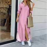 woman in a pink maxi shirt dress with a high slit