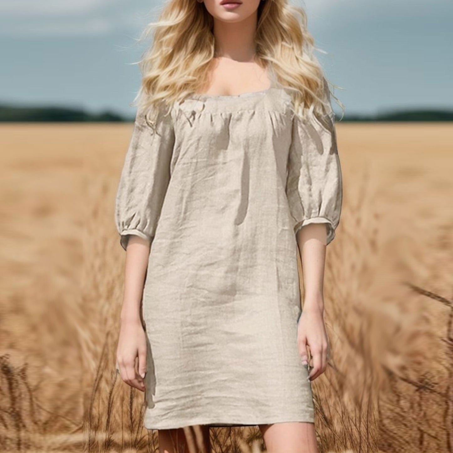 woman in a beige linen mini dress with puff sleeves standing in a wheat field