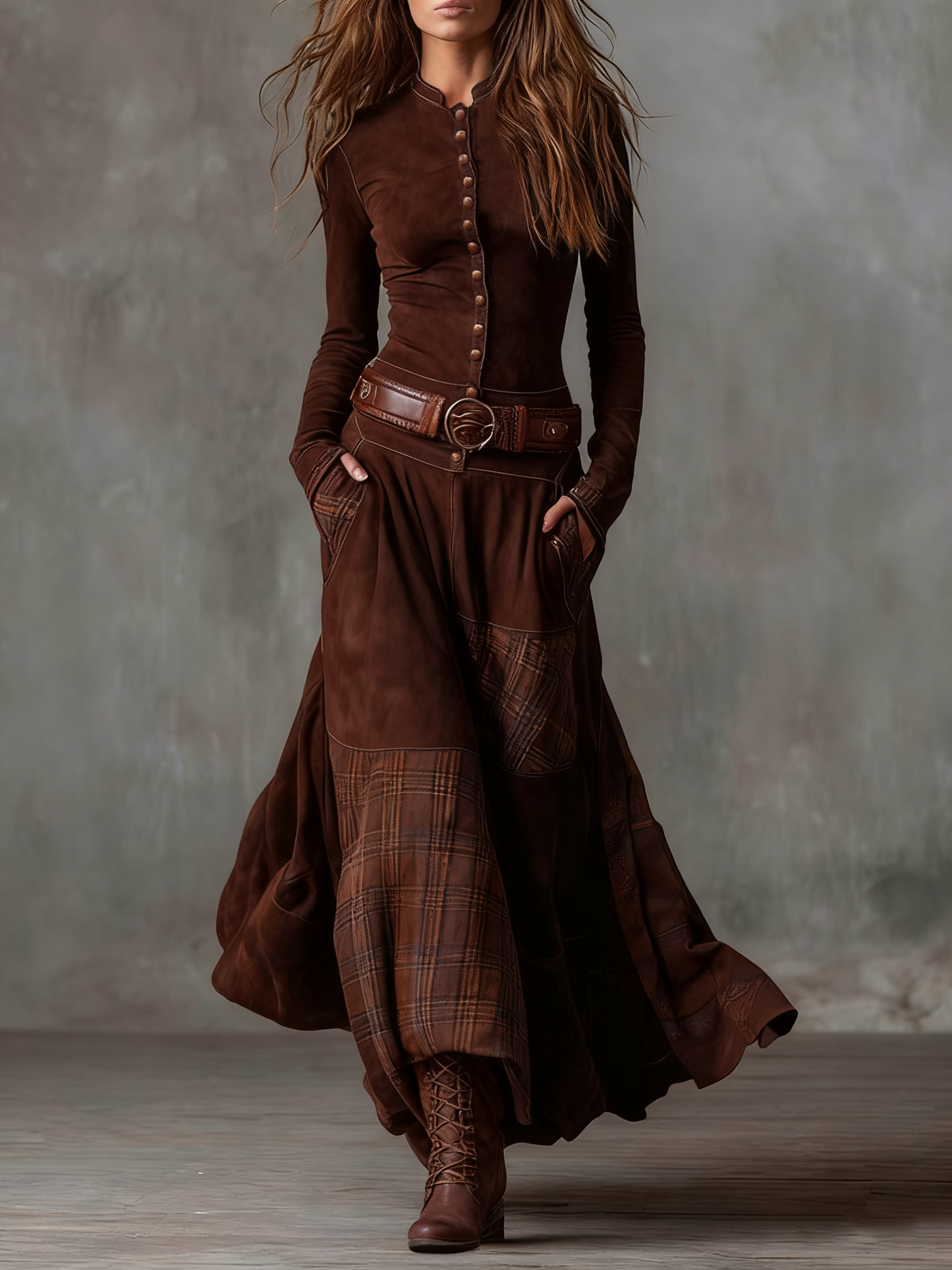 Belted Suede Midi Dress with Plaid Accents - View 7 | Clistos