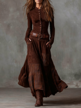 Belted Suede Midi Dress with Plaid Accents - View 7 | Clistos