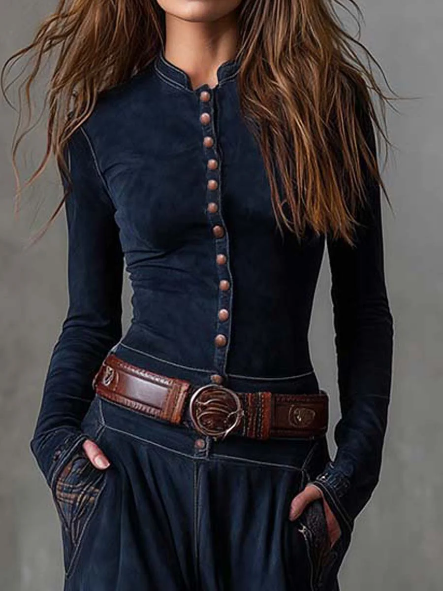 Close-up of the button-down front of the navy blue dress.