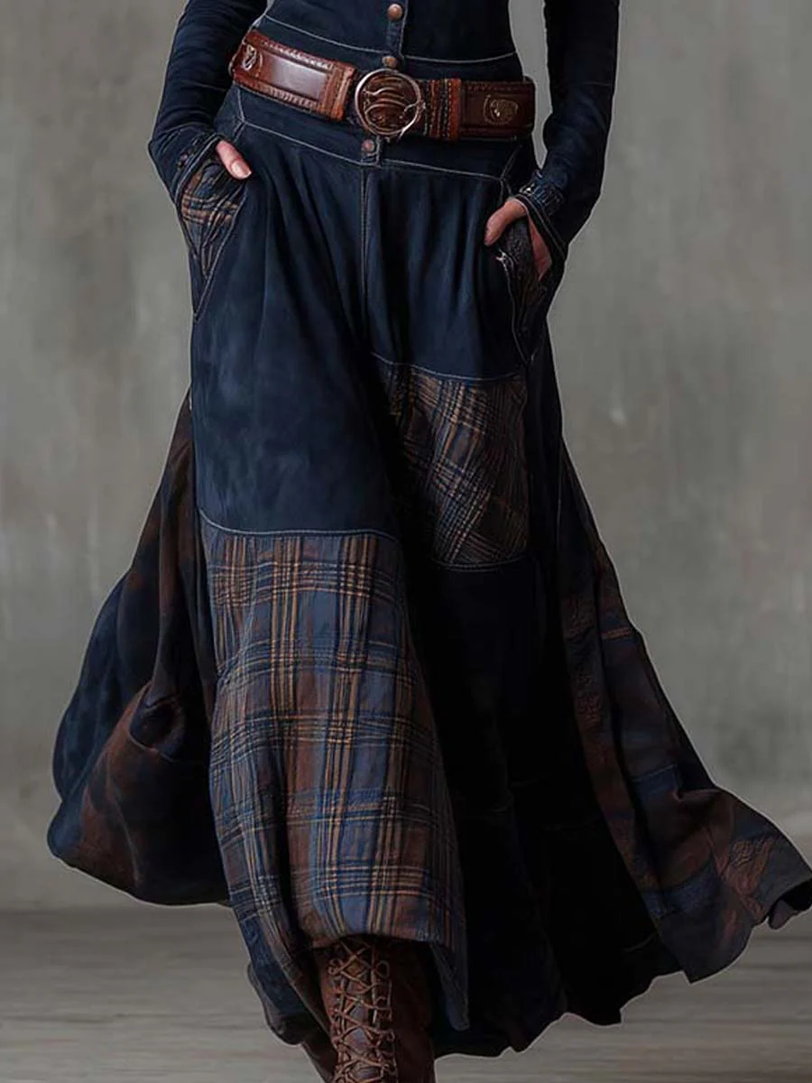 Full view of the woman in the navy blue dress, with the skirt in motion.