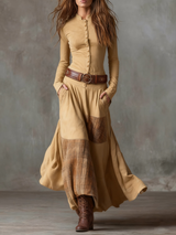 Belted Suede Midi Dress with Plaid Accents - View 10 | Clistos