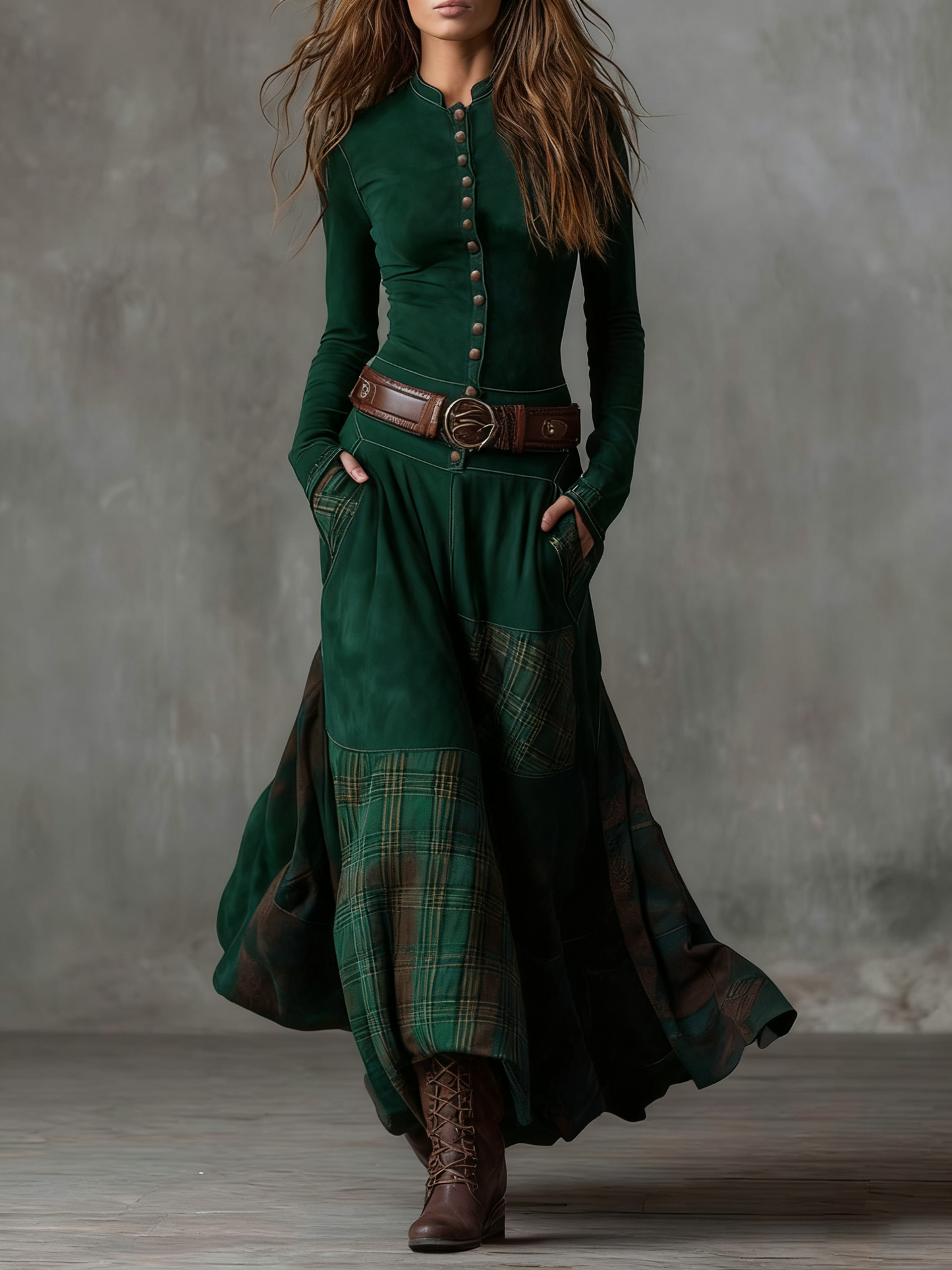Belted Suede Midi Dress with Plaid Accents - View 8 | Clistos