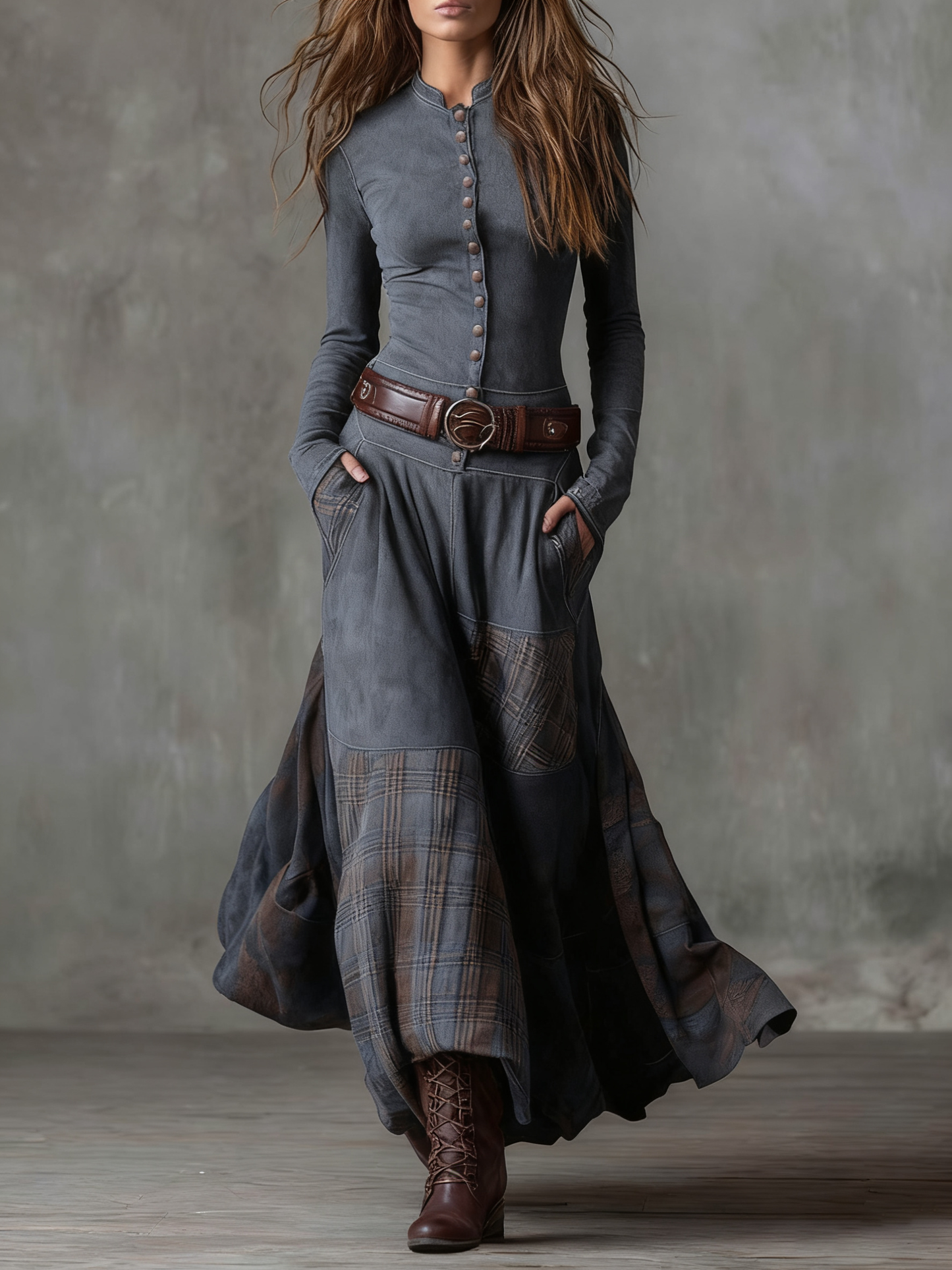 Belted Suede Midi Dress with Plaid Accents - View 9 | Clistos