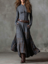 Belted Suede Midi Dress with Plaid Accents - View 9 | Clistos