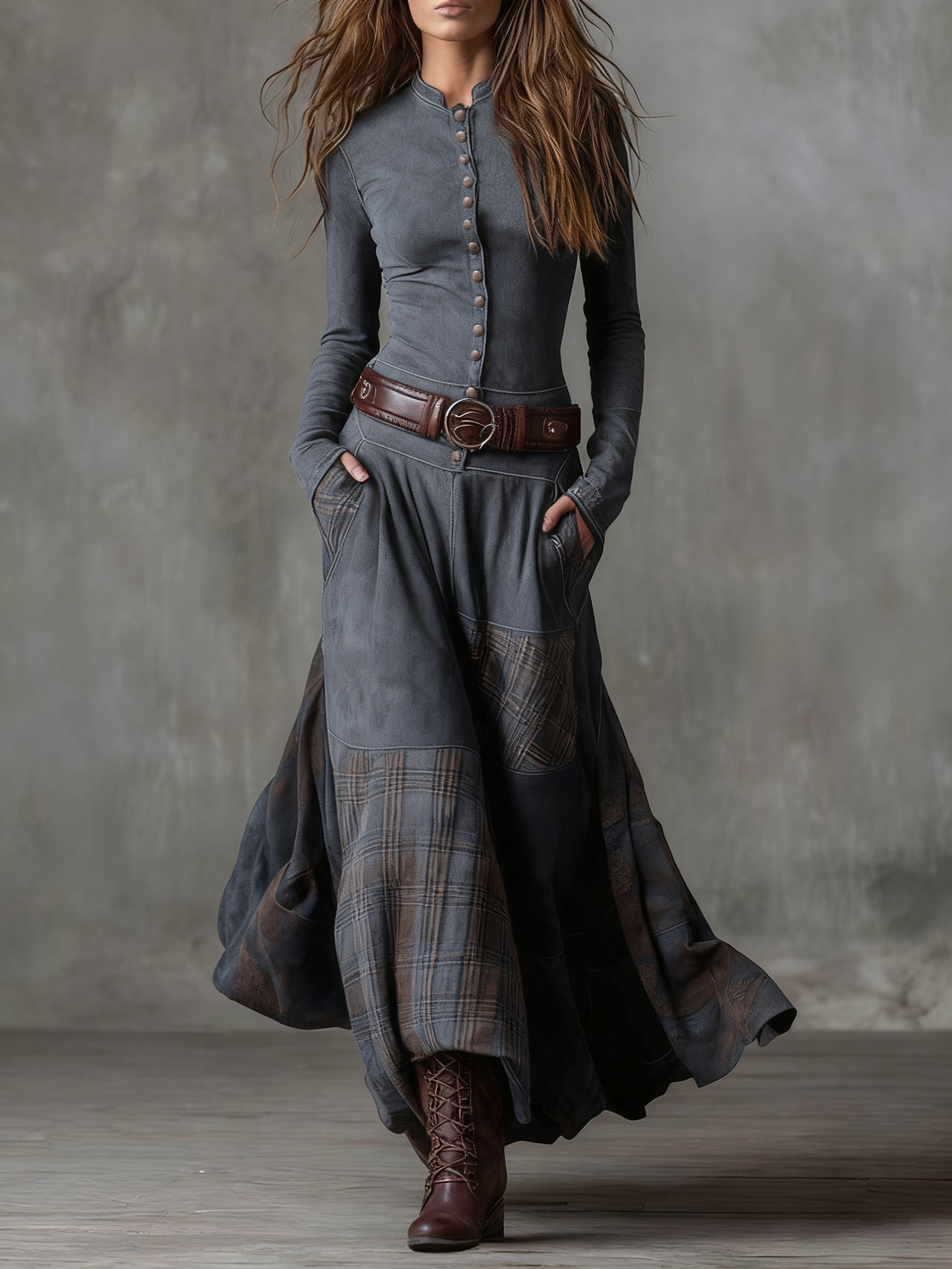 Belted Suede Midi Dress with Plaid Accents - View 9 | Clistos