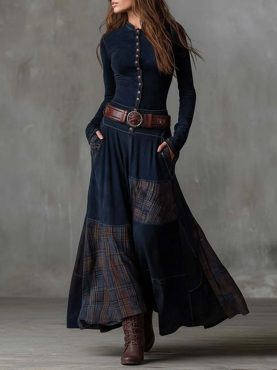 Belted Suede Midi Dress with Plaid Accents - View 6 | Clistos