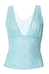 A close-up of a light blue lace tank top with a deep v-neck