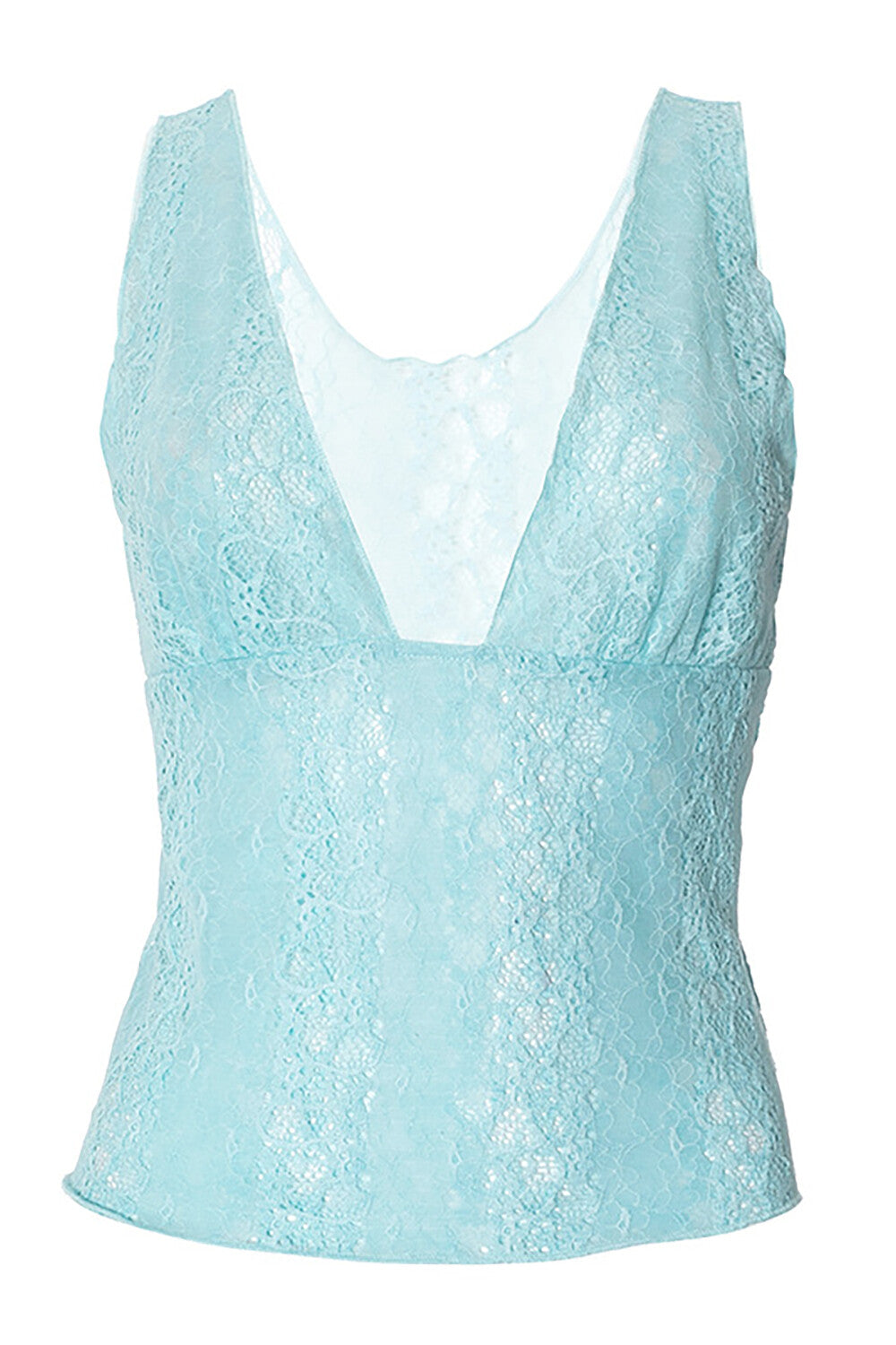 A close-up of a light blue lace tank top with a deep v-neck