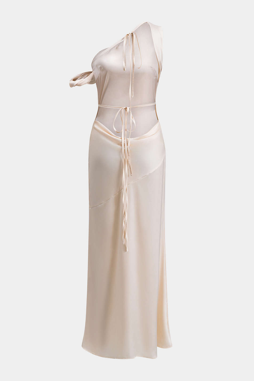 A cream one-shoulder satin maxi dress with tie details at the neckline and waist, and cut-out details.