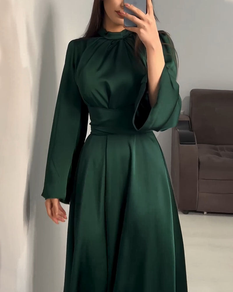 Clistos Mock Neck Bell Sleeve Satin Dress - View 10 | Clistos
