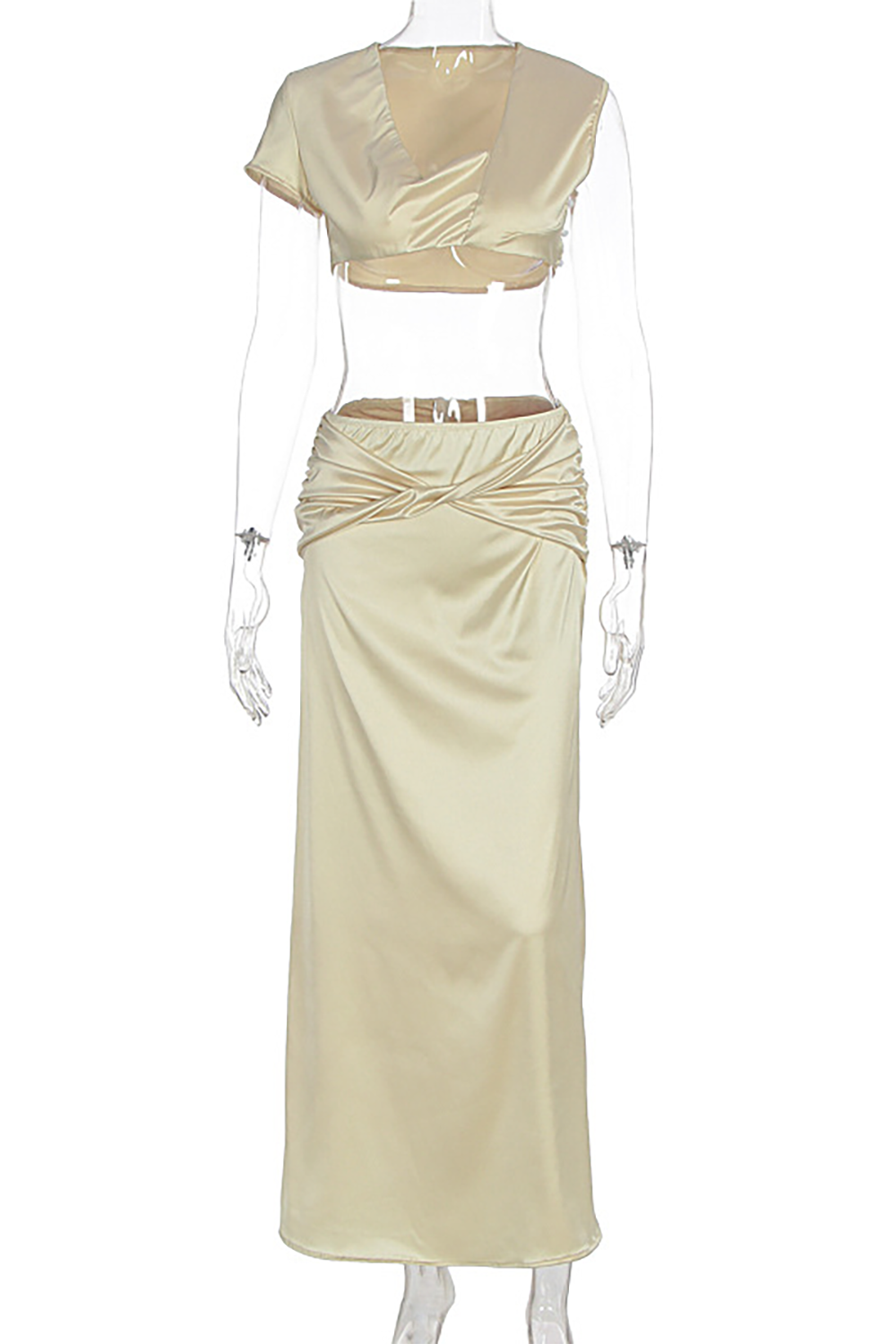 Mannequin displaying a beige satin crop top and maxi skirt set.