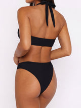 back view of a woman wearing a black halter neck bikini top and high-waisted bikini bottoms