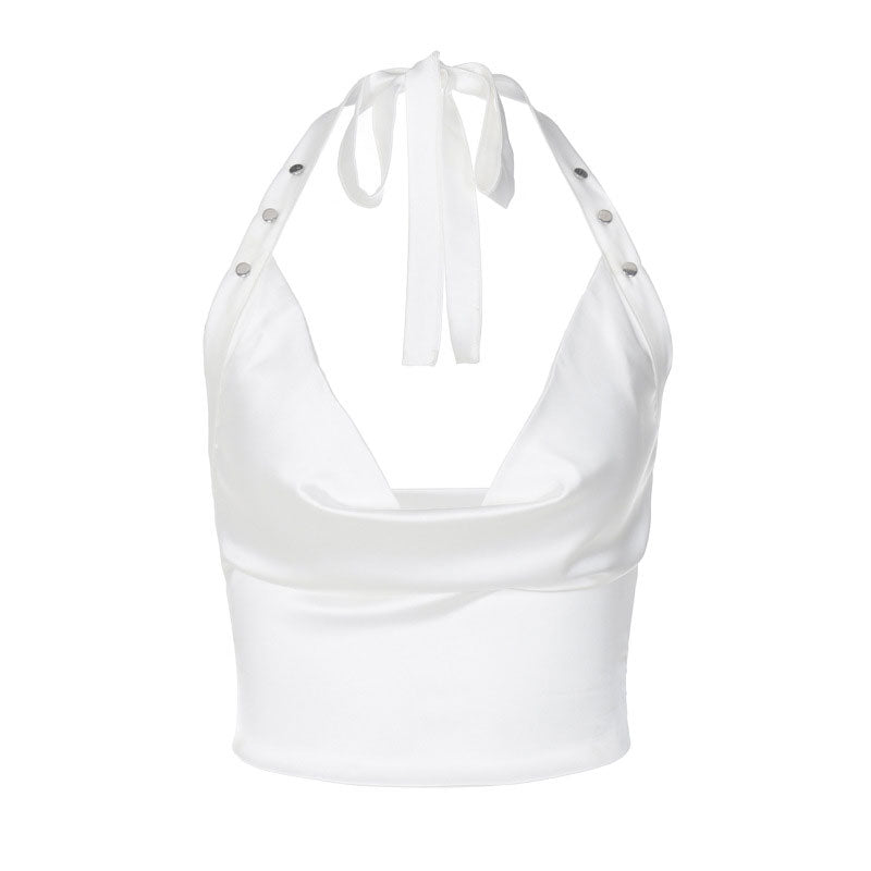 white satin halter top with drape front and button accents