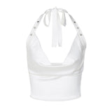 white satin halter top with drape front and button accents